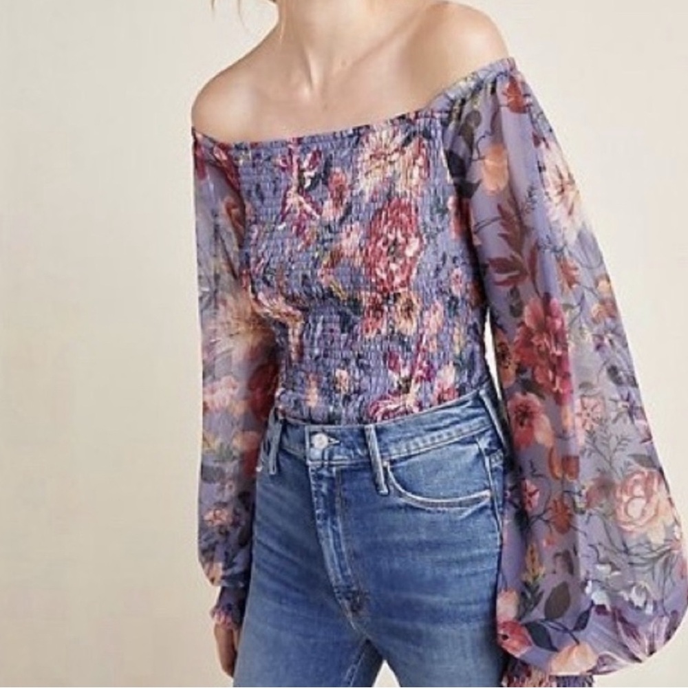 Anthropologie Pink and Purple Smocked Off-the-Shoulder Blouse